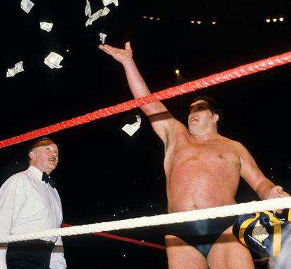 Andre the giant throw the cash the prize money into the crowd after winning Wrestlemania 1985