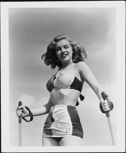 A bold Norma Jeane Mortenson is seen posing for a Blue Book modeling shoot