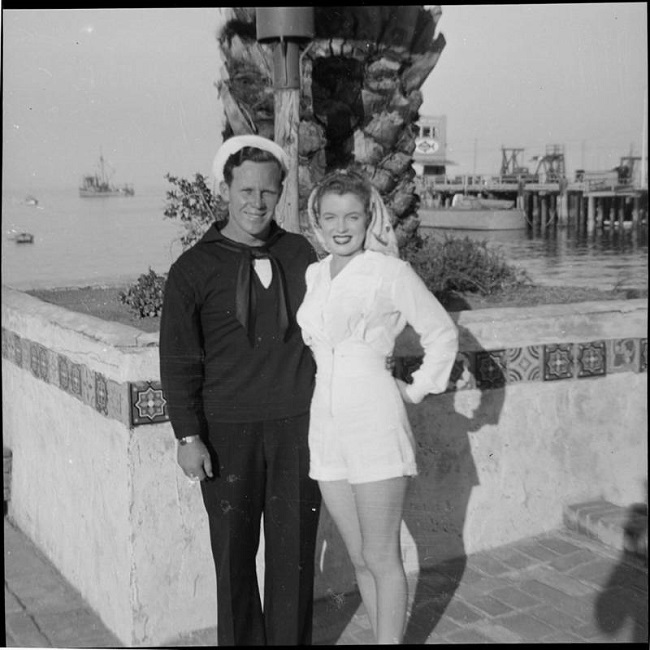 A picture of Norma Jeane Mortenson with her husband James Dougherty.
