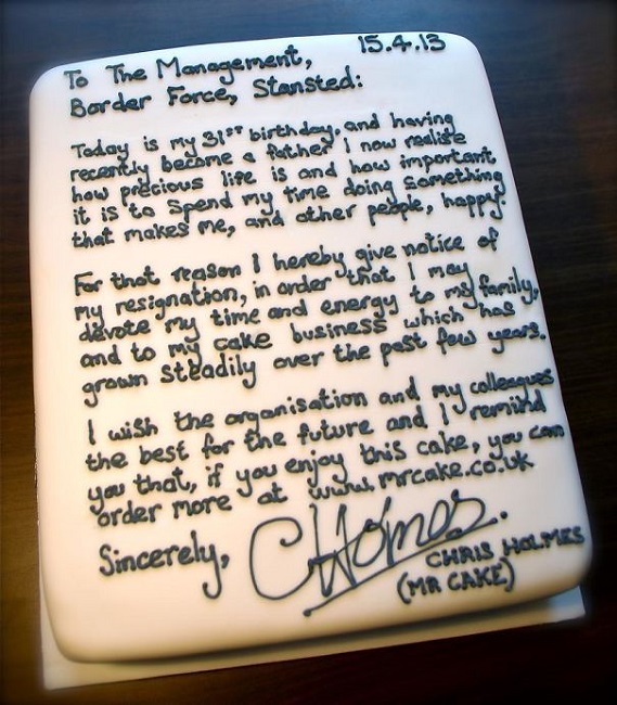 Resignation letter on a cake Resignation letter on a cake