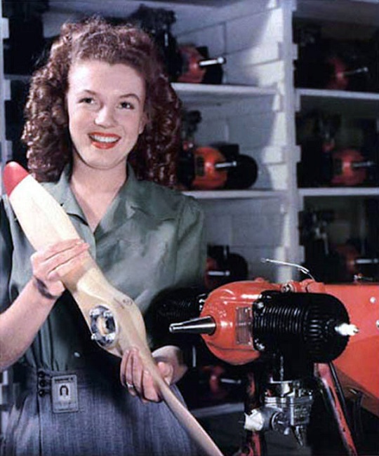 This picture was taken when Norma Jeane Mortenson was working at the Radioplane Munitions Factory
