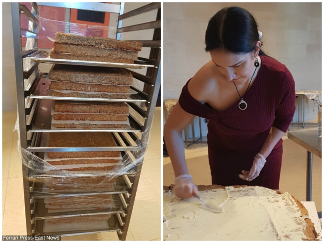 Makers of the cake had used 1,000 eggs and 20 kg (44 lbs) of chocolate Makers of the cake had used 1,000 eggs and 20 kg (44 lbs) of chocolate