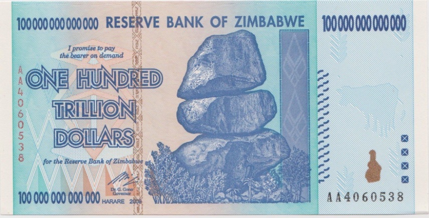 One Hundred trillion dollars note from Zimbabwe One Hundred trillion dollars note from Zimbabwe